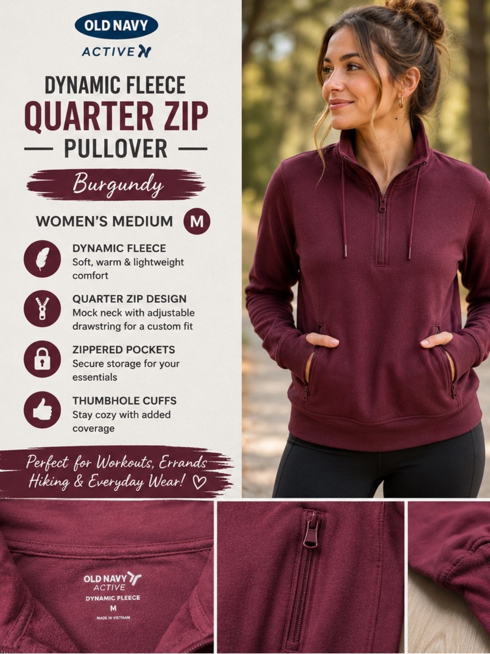 Fleece Quarter Zip Pullover Sweatshirt Women’s Medium Burgundy Thumbhole